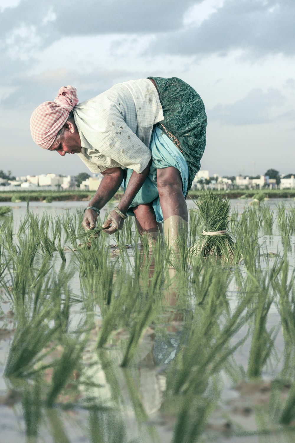 a woman kneeling down in a field of grass