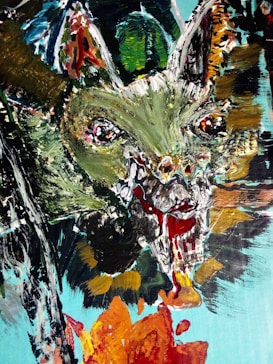 A vibrant and abstract depiction of a creature resembling a bat with sharp, intense features. The artwork uses bold strokes and a mix of dark and bright colors to highlight the creature's eyes and mouth, creating a dynamic and somewhat chaotic composition.