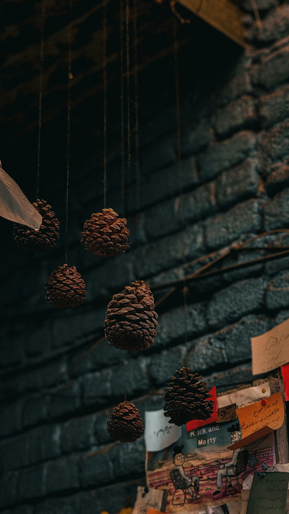 a bunch of pine cones hanging from a ceiling