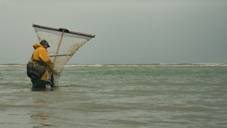 A person dressed in a yellow raincoat and hat is wading in shallow water, holding a large net. The scene is set against a calm ocean background with gray skies.