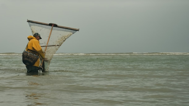 A person dressed in a yellow raincoat and hat is wading in shallow water, holding a large net. The scene is set against a calm ocean background with gray skies.