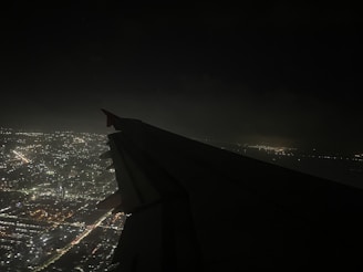 A sleek airplane taking off against a dark, tech-inspired city skyline at night.