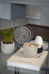a glass table topped with a clock and a plant