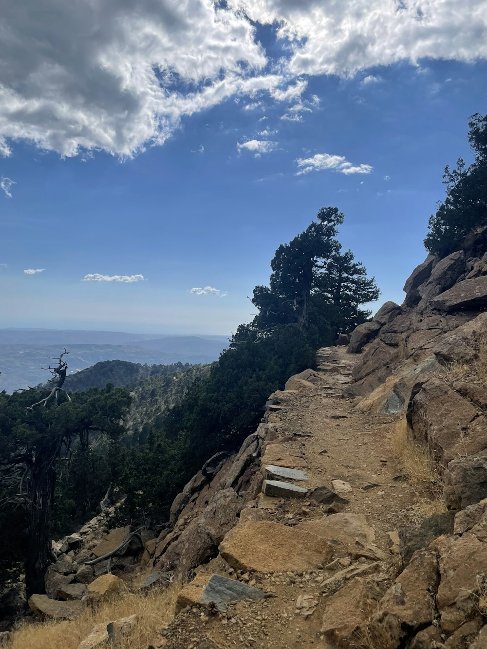 a rocky trail with a bench on the side of it