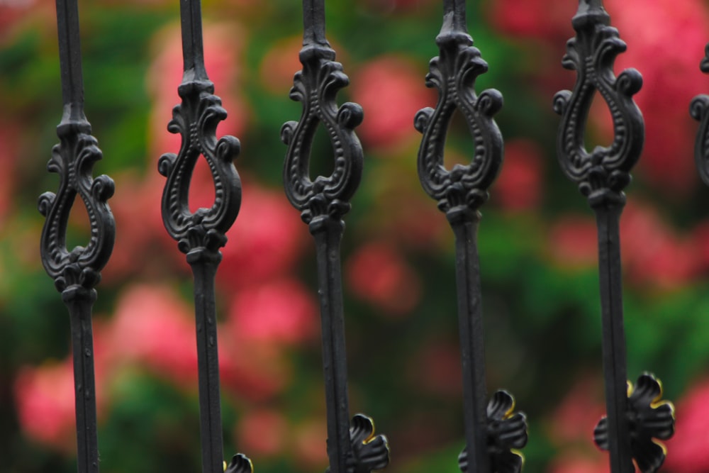 a close up of a metal fence with flowers in the background