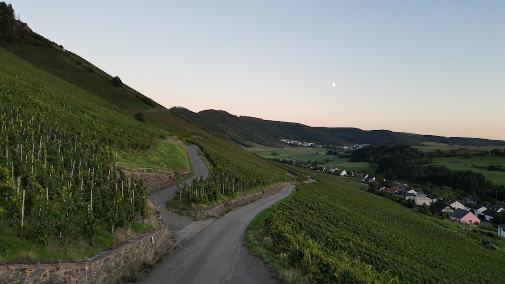 a winding road in the middle of a lush green hillside