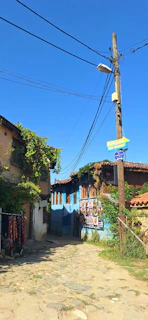 A cozy neighborhood with classic-style internet installation poles and cables blending modern technology with traditional aesthetics.