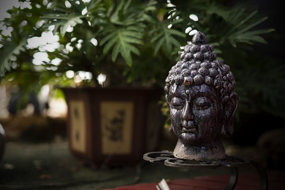 a buddha statue sitting on top of a table next to a potted plant