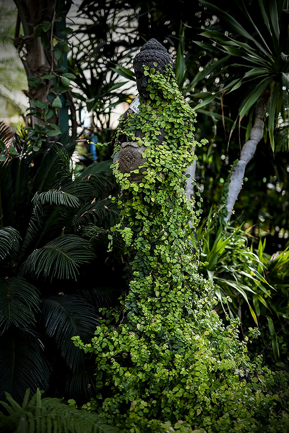 a statue covered in green plants in a garden