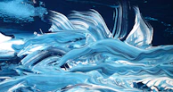 A meditative canvas featuring swirling blues and whites, suggesting water’s flow and spiritual depth.
