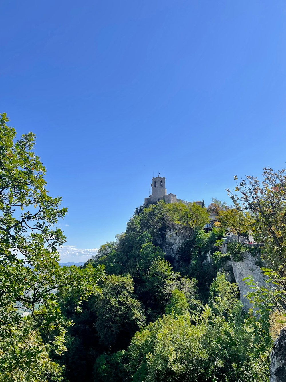 a castle on top of a hill surrounded by trees