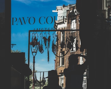 A clothesline with various lingerie items is silhouetted against a bright blue sky. Two figures can be seen in silhouette, one wearing a hat and the other with their hand on their head. The background reveals part of a brick building and a streetlamp, with the words 'Pavo Couture Amsterdam' visible on the window glass.