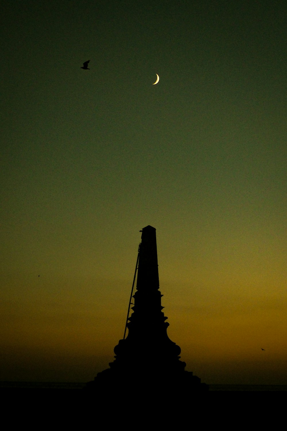 a tower with a bird flying in the sky