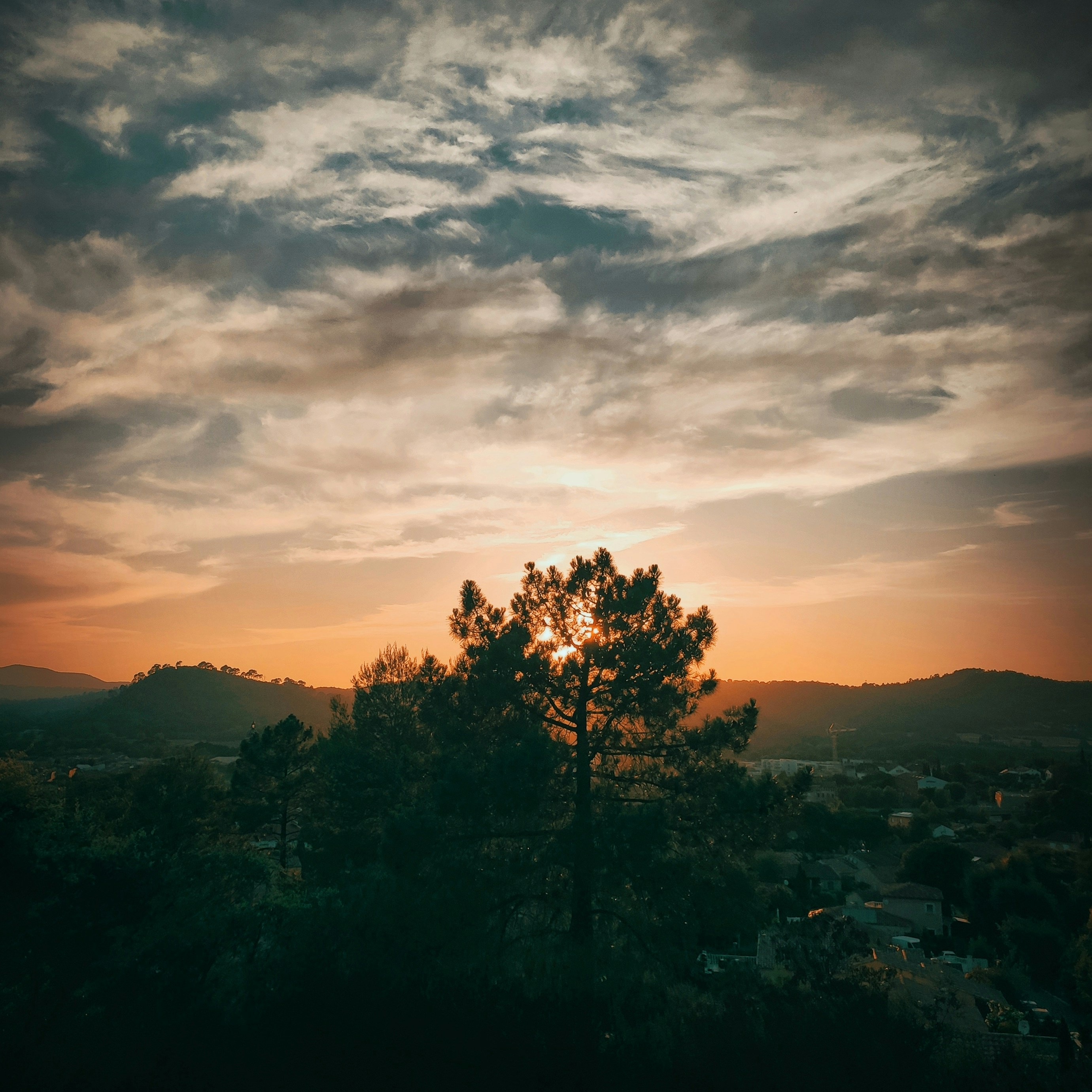 the sun is setting behind a tree on a hill