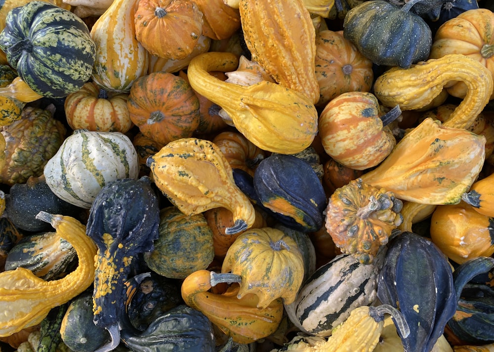 a pile of different colored gourds sitting on top of each other