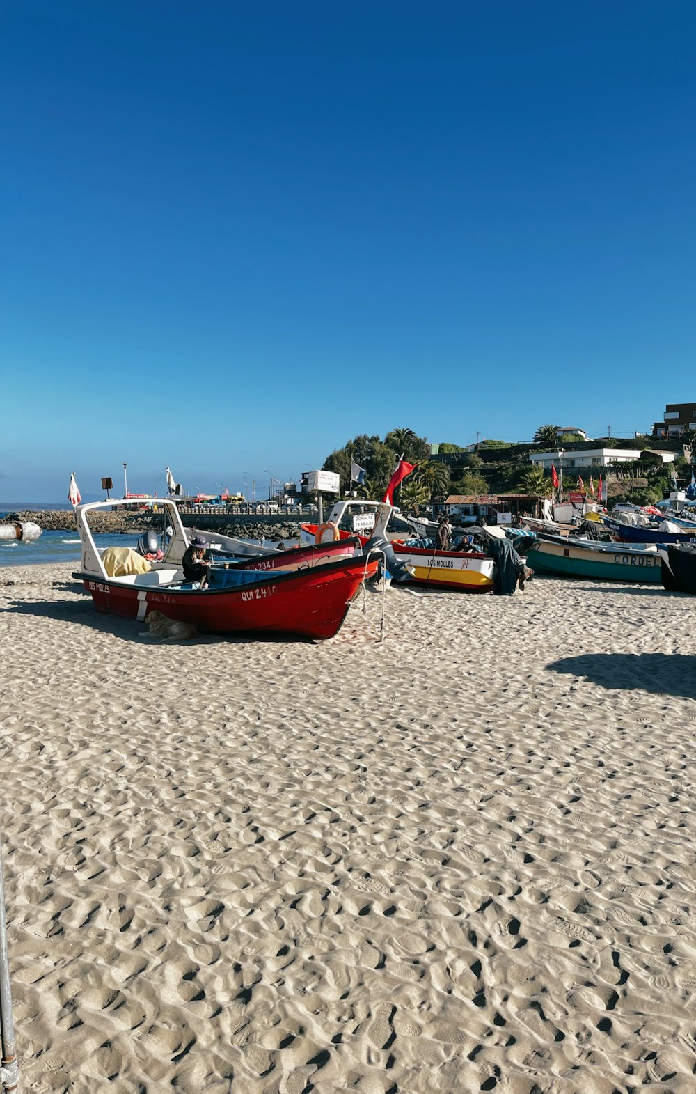 a group of boats sitting on top of a sandy beach