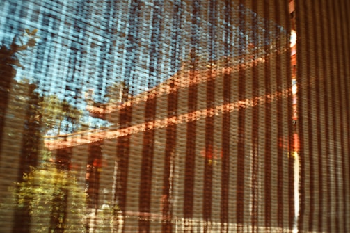 The image features an abstract view through a patterned screen, revealing hints of a traditional structure, possibly a pagoda, with rooftops and greenery visible behind the screen. The interplay of light and shadow creates a textured effect across the composition.