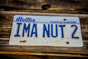 A vintage Illinois license plate with the custom text 'IMA NUT 2', featuring a worn and cracked surface, mounted on a rustic wooden background.