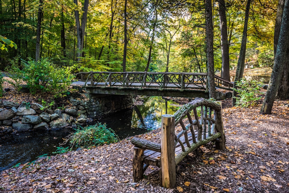 a wooden bench sitting next to a river