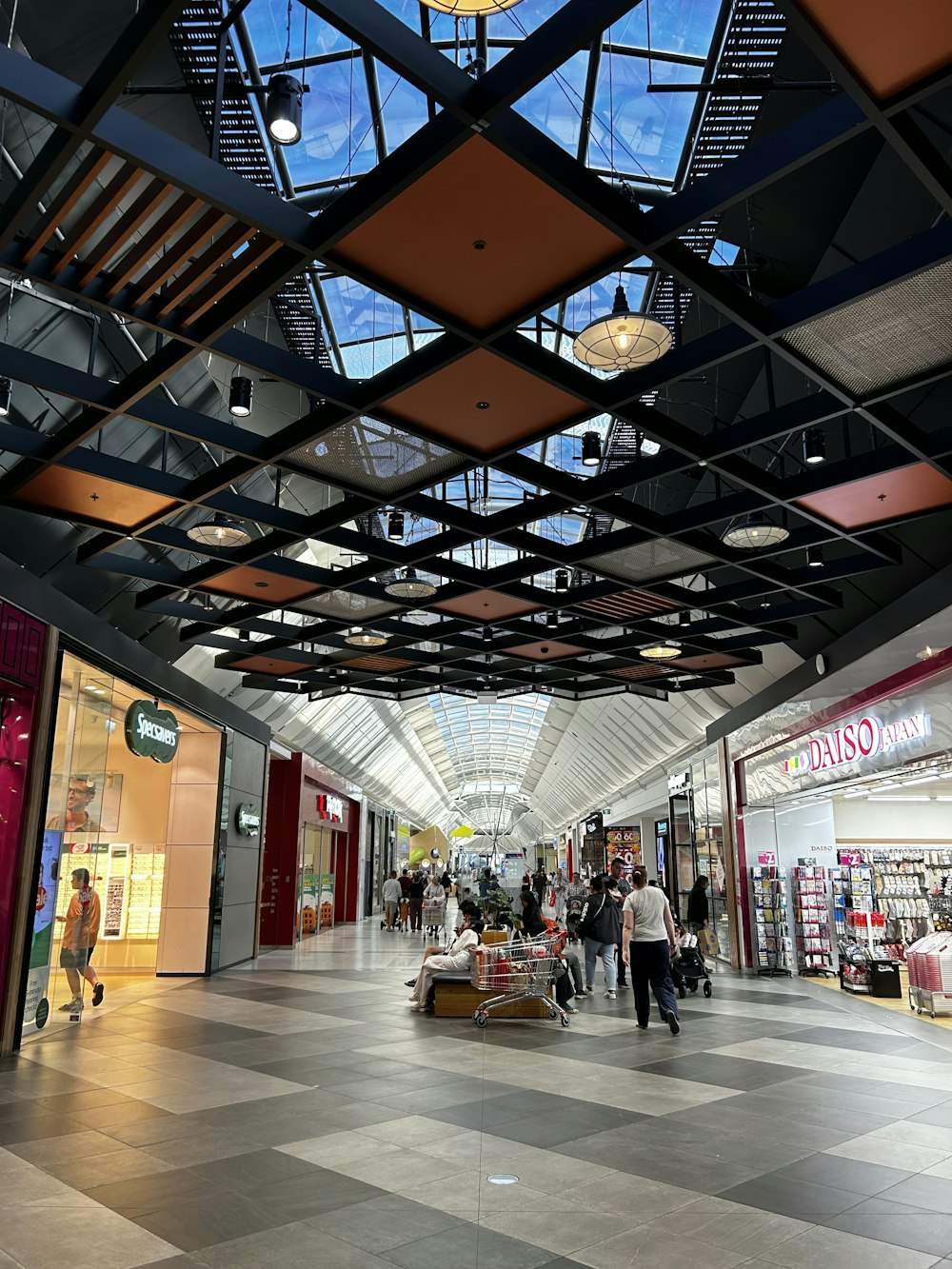 a group of people walking through a shopping mall