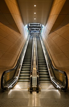 Two parallel escalators ascend within a modern architectural structure featuring warm brown paneling. The ceiling lights above illuminate the metal and glass surfaces, leading the eye towards an overhead framework that suggests a higher level or exit.