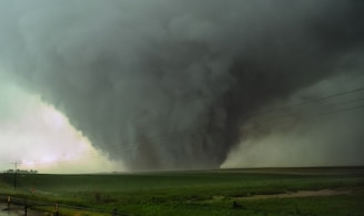 A massive tornado swirls ominously over a vast open field, with dark, dense clouds trailing across the sky. Power lines stretch across the landscape, emphasizing the storm's scale. The horizon is shadowed by the approaching storm, while patches of green grass are visible in the foreground.
