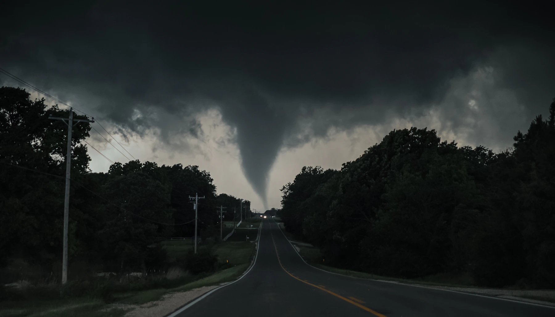 Storm chasers driving toward a massive tornado forming on the Great Plains