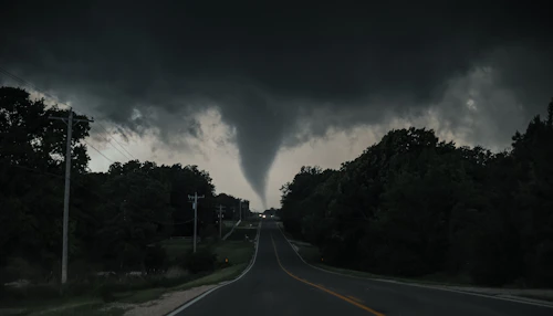 Storm chasers driving toward a massive tornado forming on the Great Plains