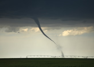 A tornado extends from dark, stormy clouds down to a flat, green field, with an irrigation system in the background. The sky is overcast with a foreboding atmosphere.