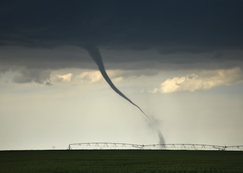 A dramatic shot of a swirling tornado touching down in an open field under a stormy sky.