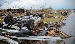 An overturned car lies among debris, surrounded by uprooted trees and broken branches. Other damaged cars and scattered wreckage are visible across a torn landscape under an overcast sky.