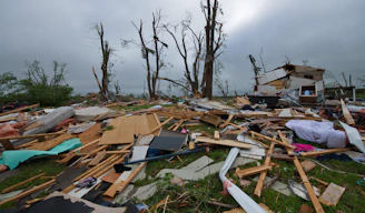a pile of debris sitting on top of a lush green field