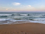Waves softly crashing on a quiet beach under a pastel sky.