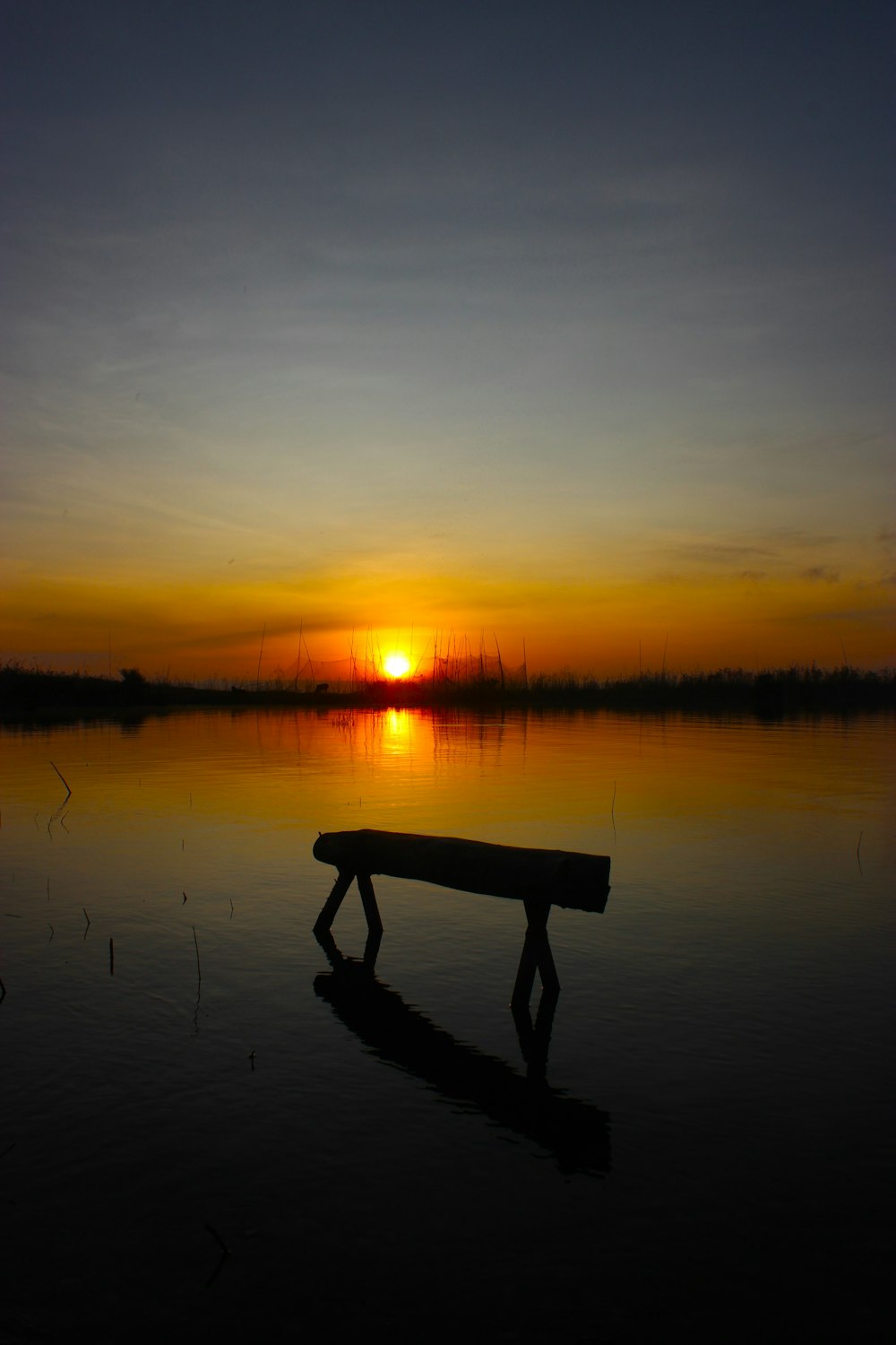 a bench sitting in the middle of a lake at sunset