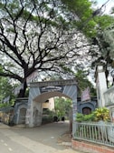 An entrance archway to Dhaka Medical College is surrounded by lush greenery and covered with several posters. There are trees overhead with sprawling branches, creating a canopy. Two rickshaws are parked inside the gate, indicative of a busy, urban setting.