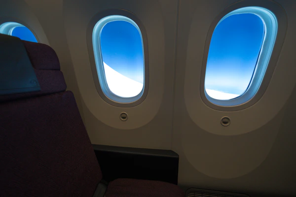 A cozy airplane cabin interior showing comfortable seats and a window view of clouds.