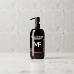 A sleek, black cosmetic bottle with a pump is placed on a light marble surface. The bottle features bold white text and branding, standing out against the reflective dark surface.