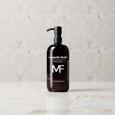 Close-up of a sleek novum serum bottle resting on a marble surface with soft natural light.