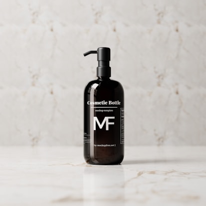 A sleek, black cosmetic bottle with a pump is placed on a light marble surface. The bottle features bold white text and branding, standing out against the reflective dark surface.