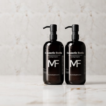 Two identical black cosmetic bottles with pump dispensers are placed side by side on a white marble surface. Each bottle has a minimalist design with prominent 'MF' initials and text indicating they are mockup templates.