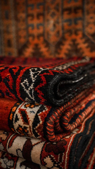 A neatly folded stack of colorful silk dhotis with intricate patterns, highlighted by warm cream and royal gold accents.