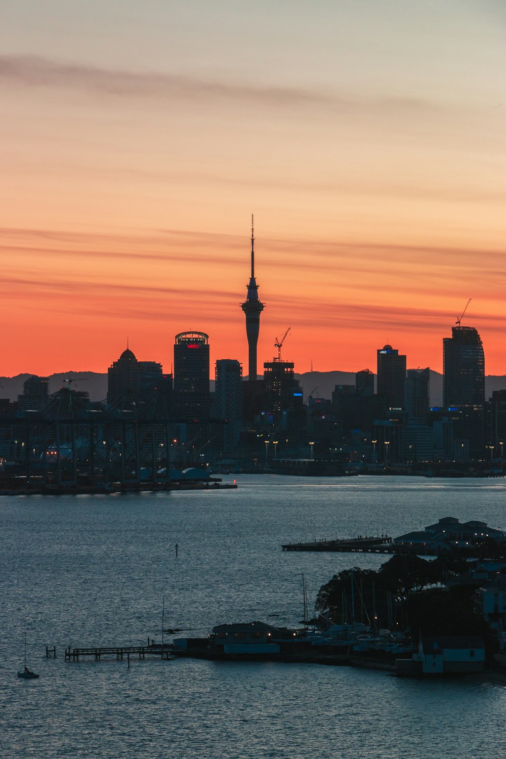 a view of a city skyline at sunset