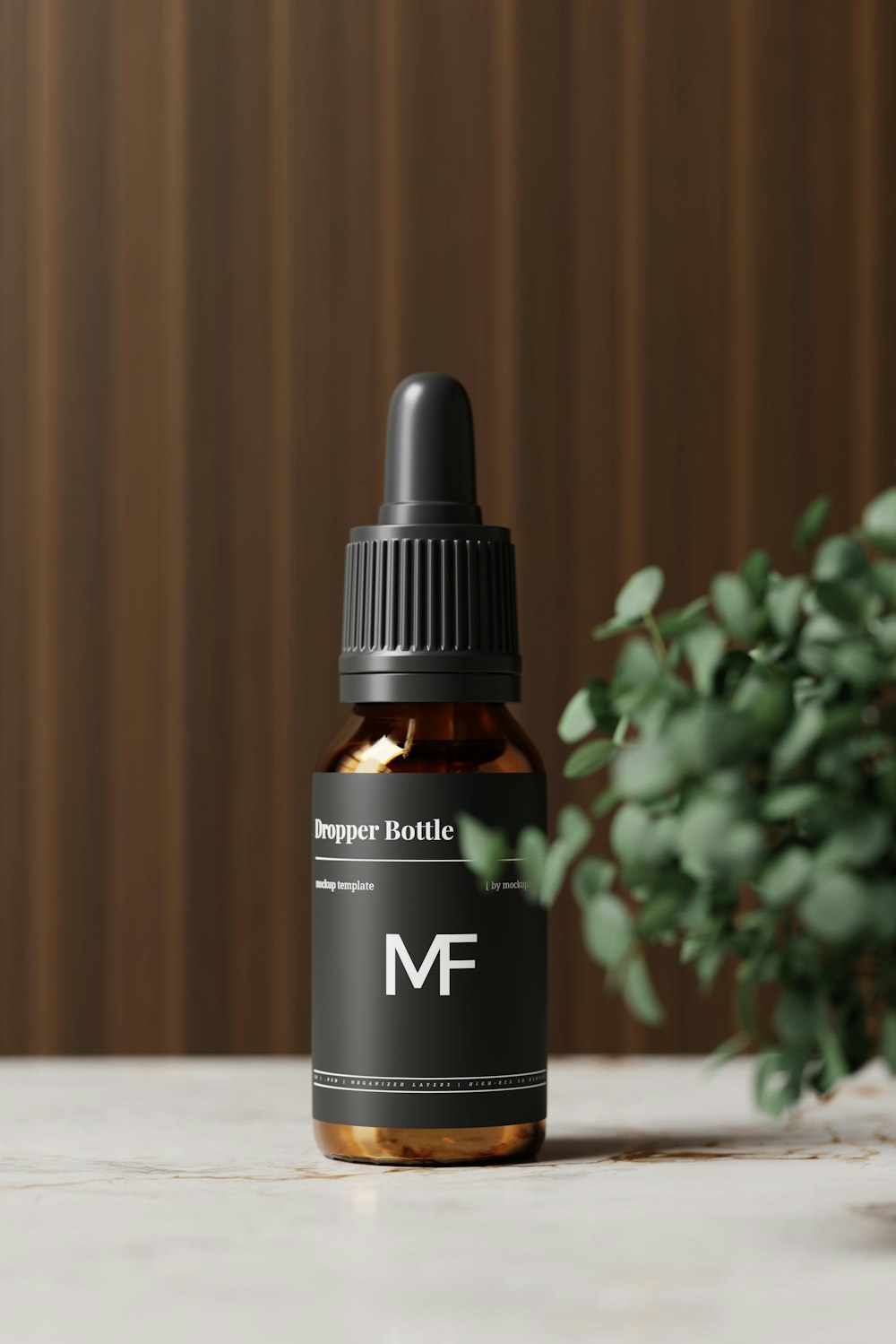 a bottle of mf cologne sitting next to a potted plant