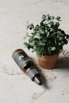 Toner bottle placed next to fresh green leaves on a white marble surface.