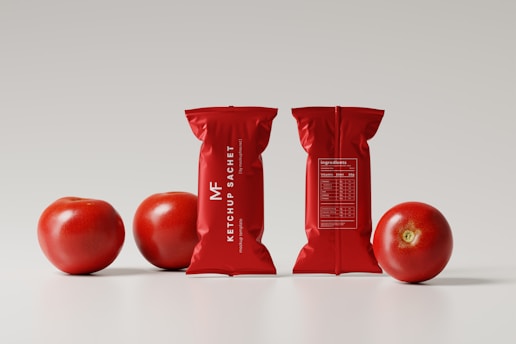 A close-up shot of a glossy, vibrant red ketchup bottle with fresh tomatoes and basil leaves scattered around on a rustic wooden table.