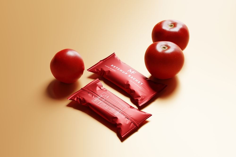 three packets of candy sitting next to three tomatoes