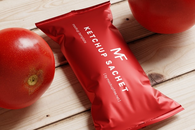 A red ketchup sachet lays on a light wooden surface, surrounded by two ripe red tomatoes. The sachet features text in white with the words 'MF Ketchup Sachet' and 'mockup template' displayed prominently.