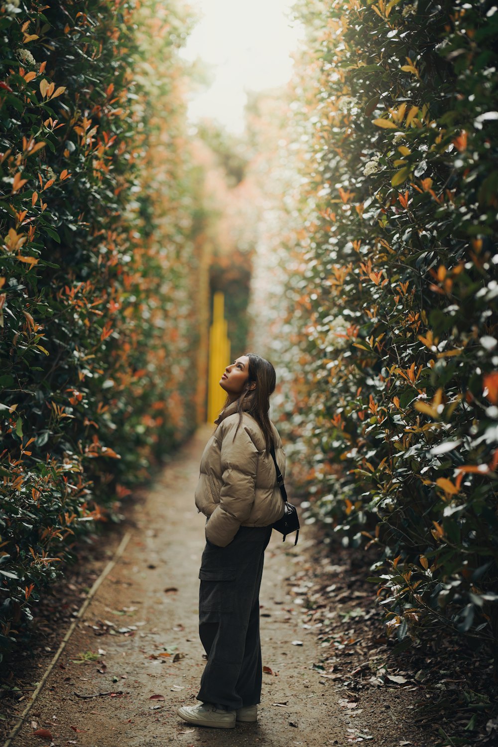 a woman standing in the middle of a tunnel of leaves