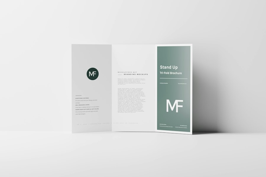 Tri-fold brochure standing upright