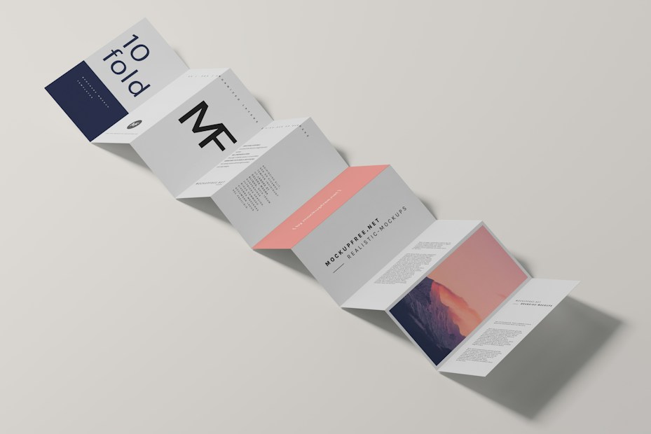 A minimalist design of a folded brochure mockup is displayed against a light background. The sequence of panels shows varied typography and graphics, with a mix of dark blue, white, and peach colors. Some panels contain textual content, while one has an abstract image resembling a mountain with a gradient sky.